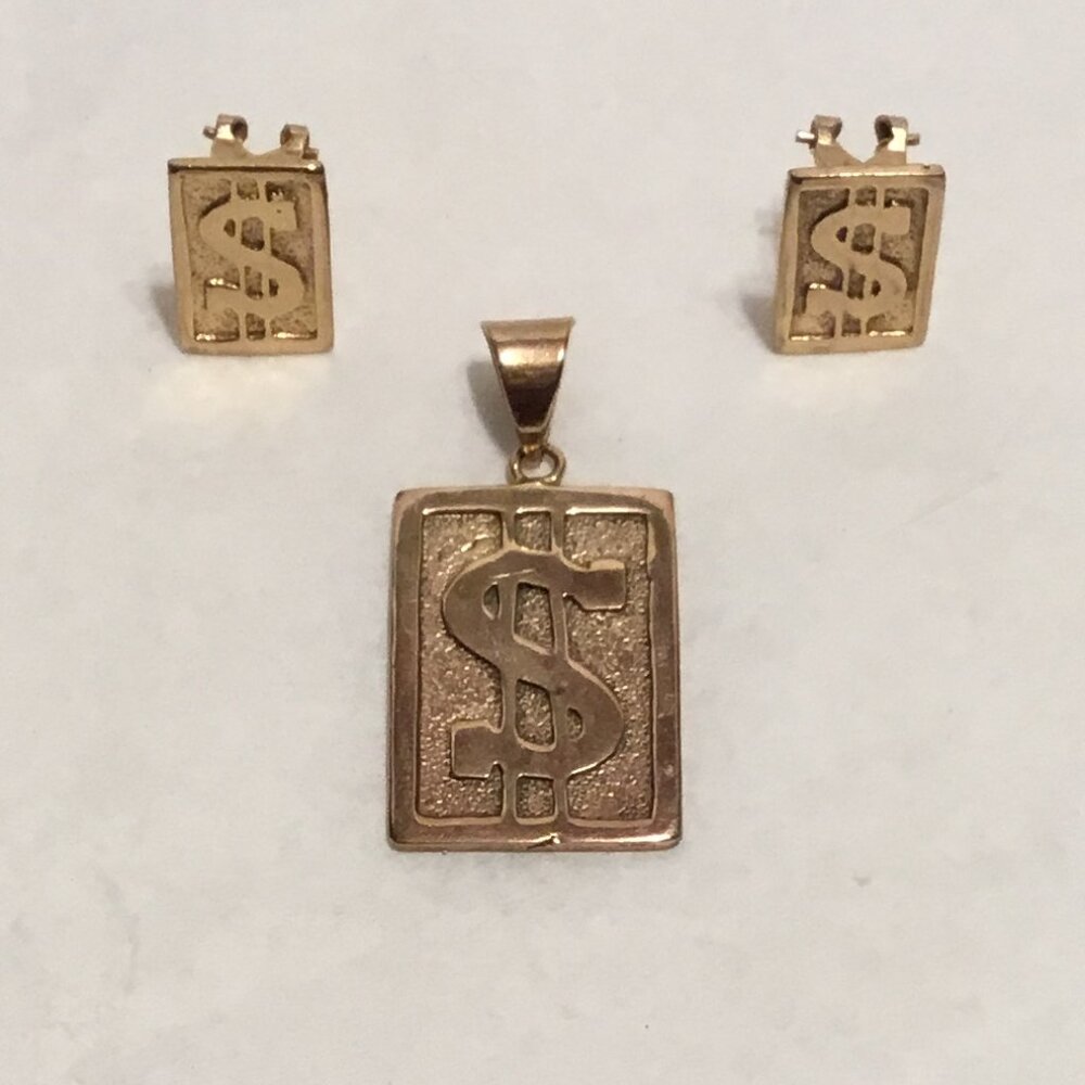 Vintage gold filled or gold-plated earring pendant set with $ symbol